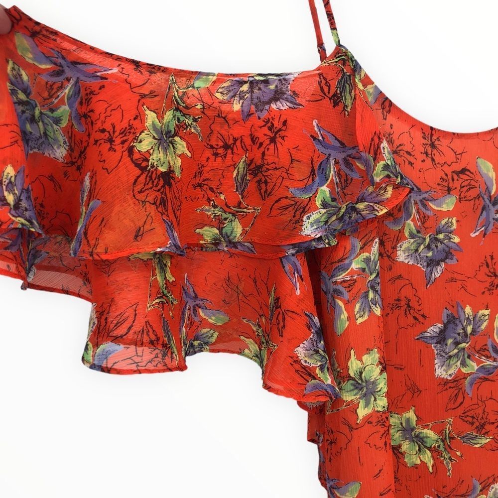 Adelyn Rae Orange Floral Off Shoulder Ruffle Asymmetrical Hem Dress size XS - Picture 5 of 13